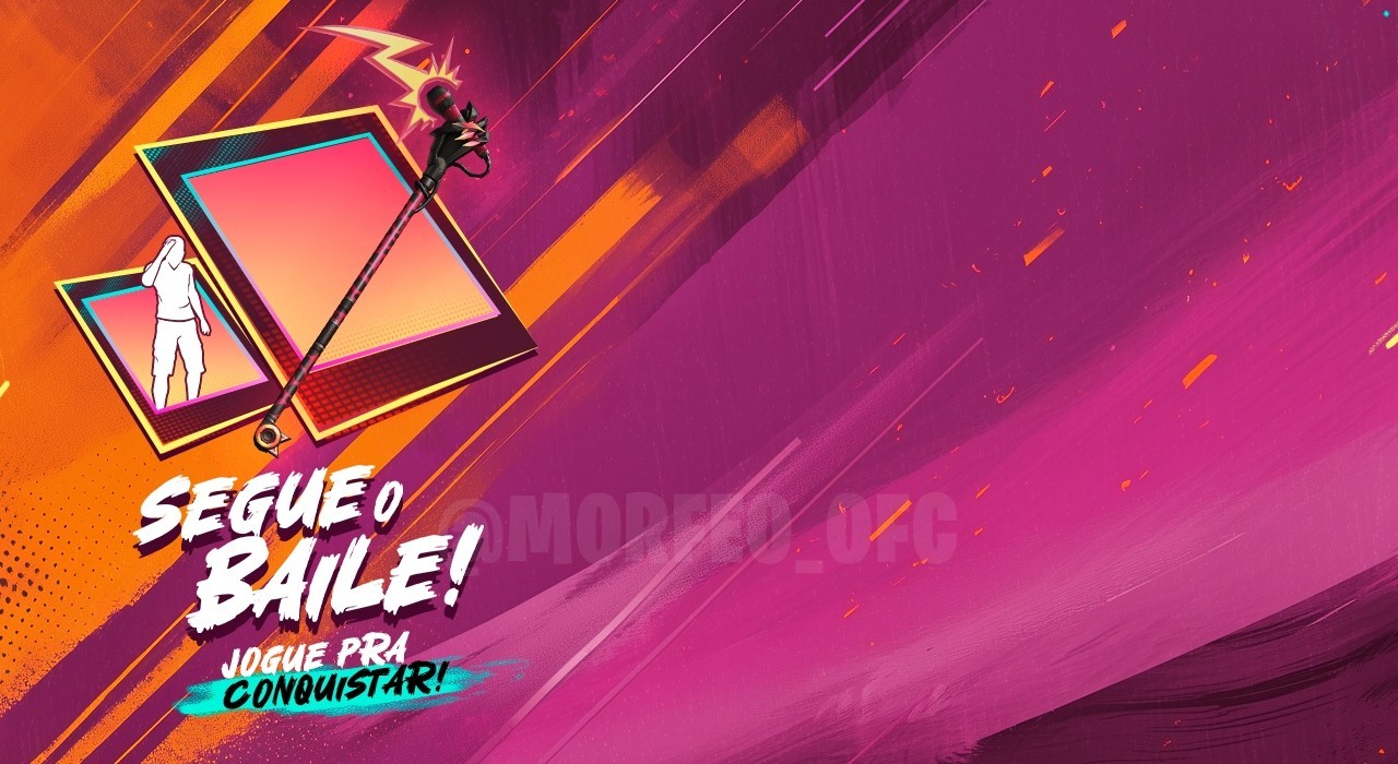 Imagem promocional do evento 'Segue o Baile' no Free Fire. No centro, destaca-se a skin da arma Foice Baile do Jaguar, com um