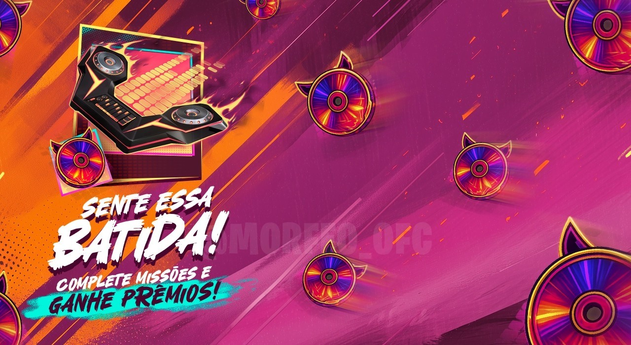 Imagem promocional do evento 'Sente Essa Batida' no Free Fire. O fundo é vibrante, com cores neon destacando o tema musical