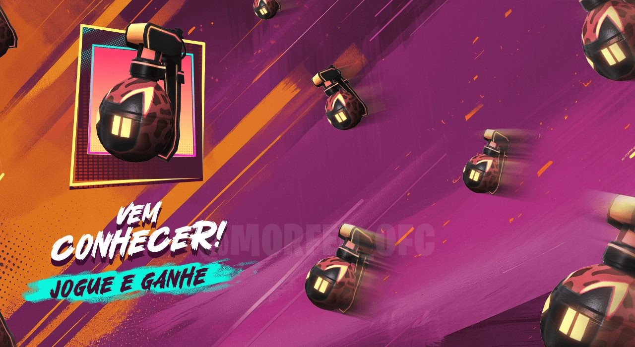 Imagem promocional do evento 'Baile Explosivo' em Free Fire. No centro, destacam-se granadas estilizadas com cores vibrantes