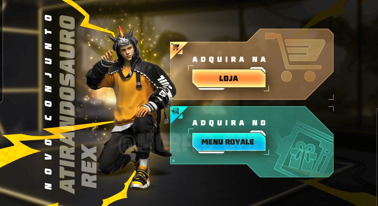 A imagem apresenta a interface do evento Token Royale no Free Fire, destacando o conjunto 'Atirandossauro Rex', que inclui um