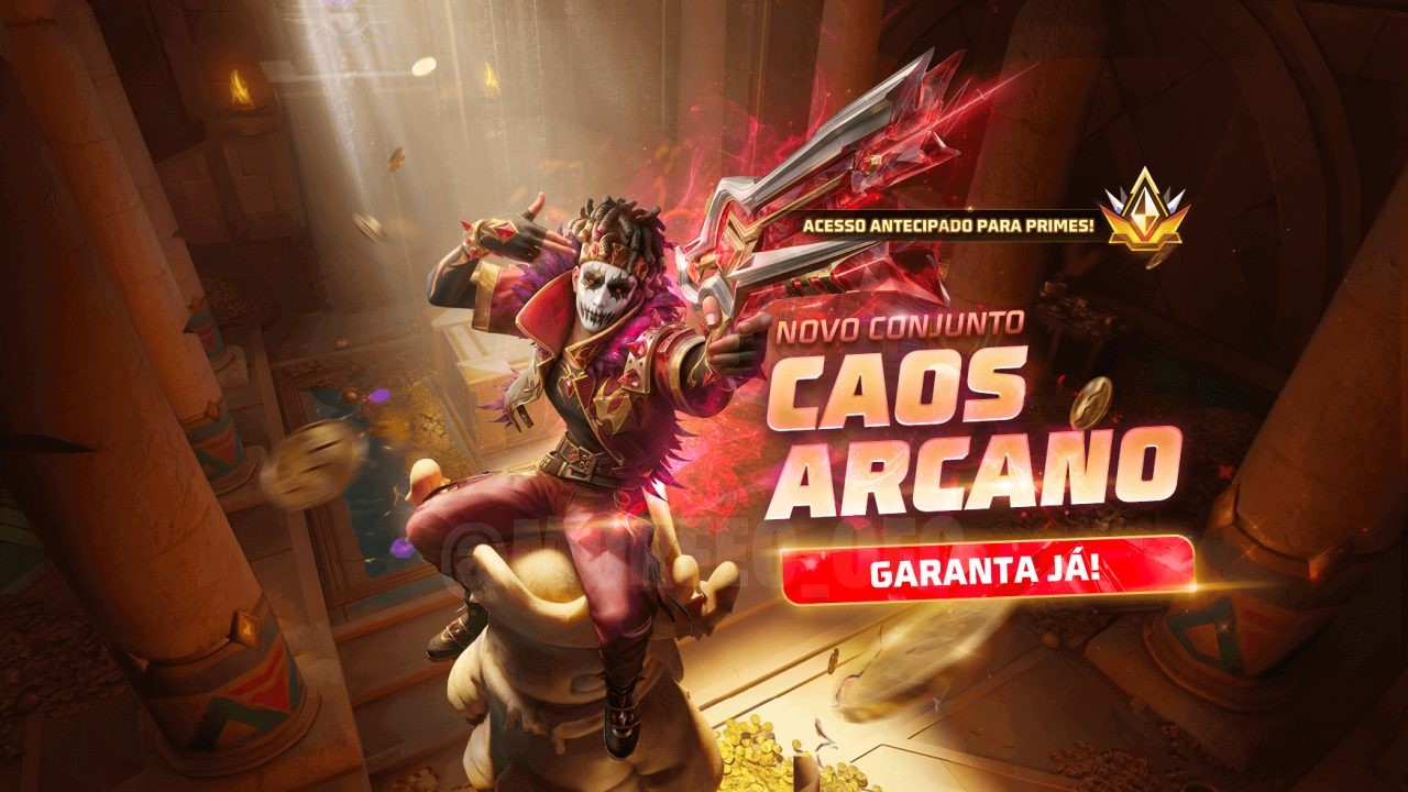 Imagem promocional do novo Token Royale no Free Fire, destacando o Conjunto Caos Arcano. O conjunto é exibido por um persona