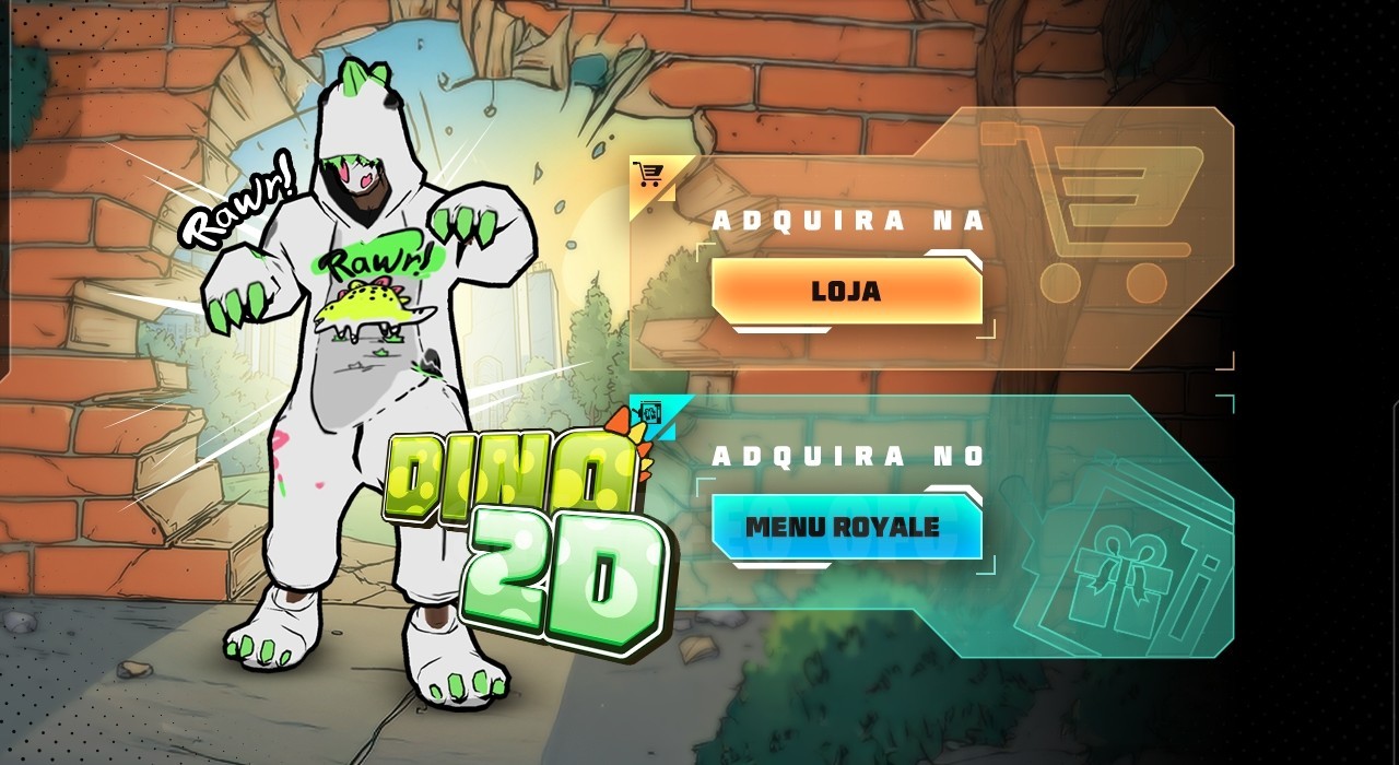 Imagem promocional do novo Token Royale no Free Fire, destacando como obter o conjunto Dino 2D e a skin de arma Panela Dino F