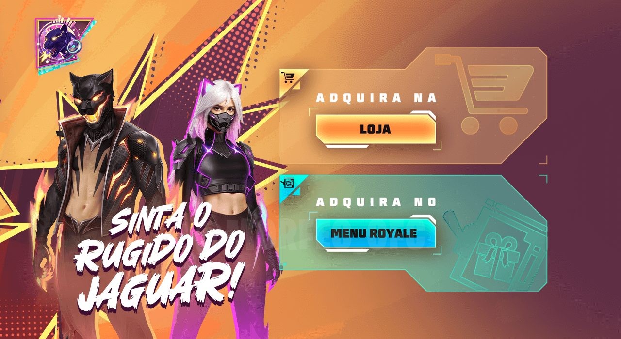 Imagem promocional do novo Token Royale no Free Fire, destacando como obter o Conjunto Rugido do Jaguar e o Conjunto Ruído d