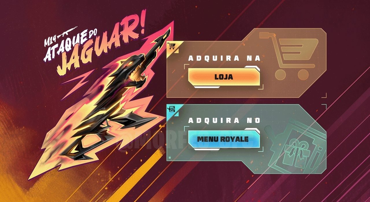 Imagem promocional do novo Token Royale no Free Fire, destacando a skin exclusiva de arma M14 'Ataque do Jaguar'. A skin apre