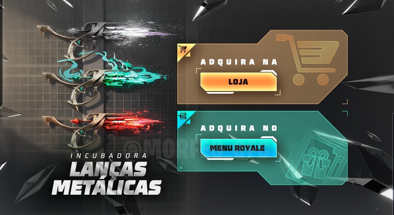 Imagem destacando o novo Token Royale no Free Fire, onde é possível obter a skin de arma MAC10 Lanças de Ferro e a skin de