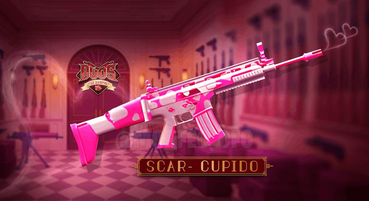 Imagem do evento 'Arma Amorosa' em Free Fire, destacando a skin exclusiva da SCAR chamada 'Cupido'. A arma está envolta em u