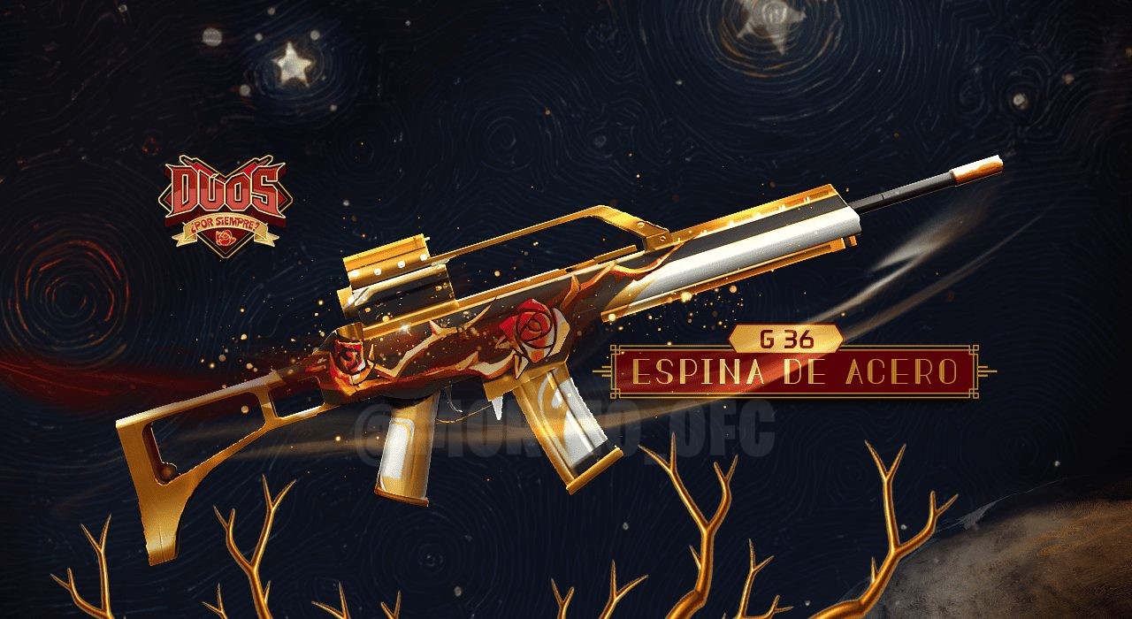 Imagem do evento 'Arma Romance' em Free Fire, destacando a skin exclusiva da arma G36 chamada 'Espina de Aço'. A skin aprese