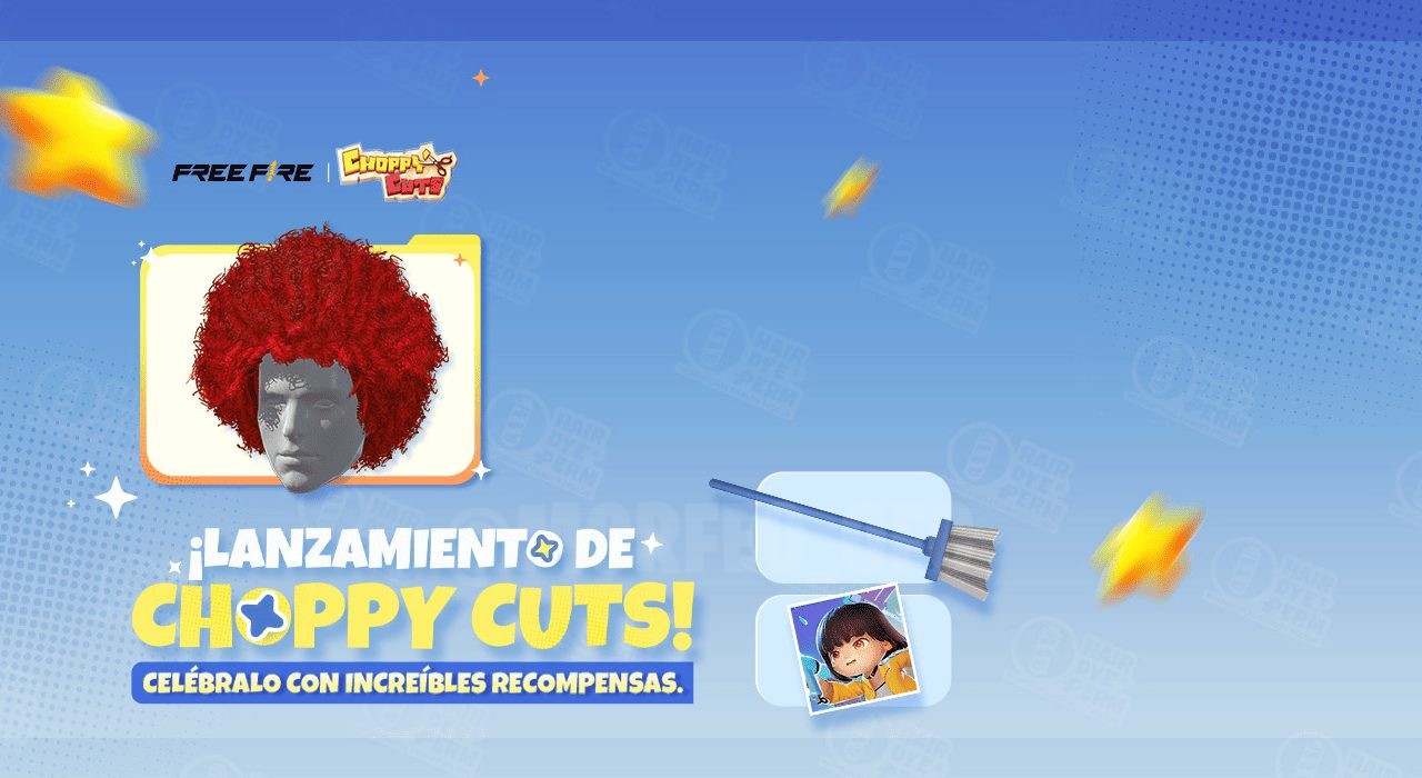 A imagem promove o evento 'Choppy Cuts' em Free Fire, destacando um fundo estilizado com o tema do evento. No centro, há um