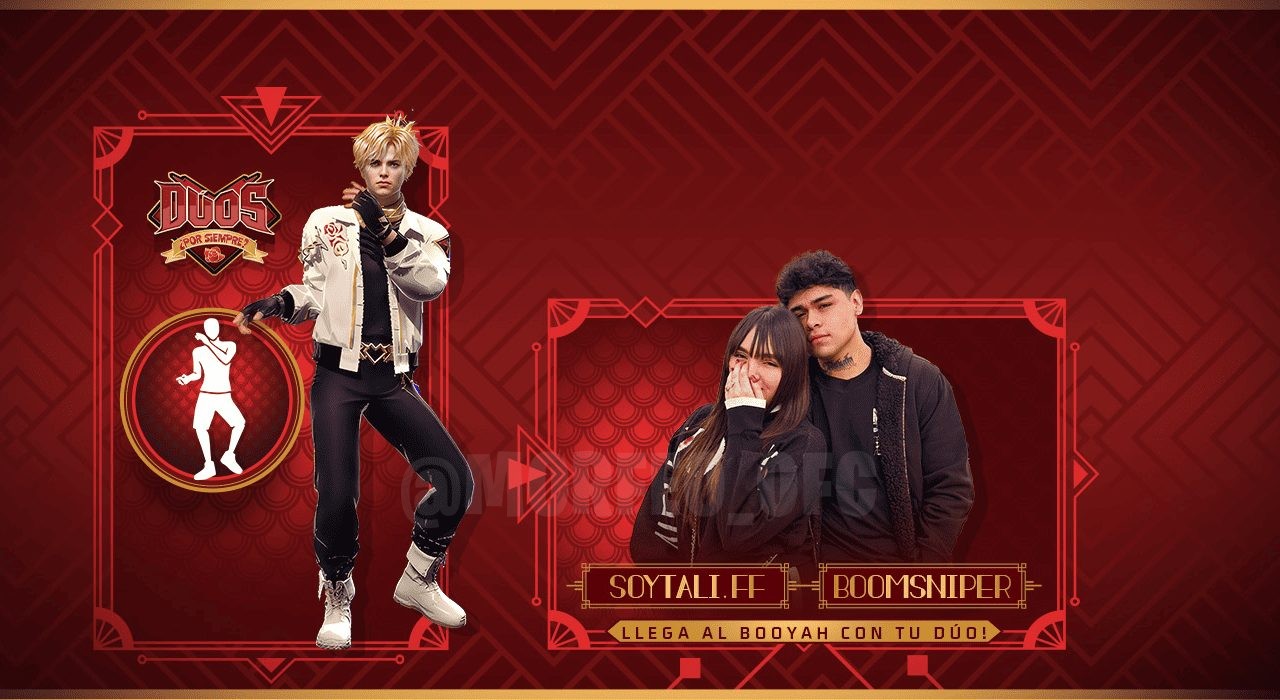 Imagem promocional do evento 'Duo Épico' em Free Fire, destacando o avatar 'Dulce Hechizo'. O personagem está em uma pose d