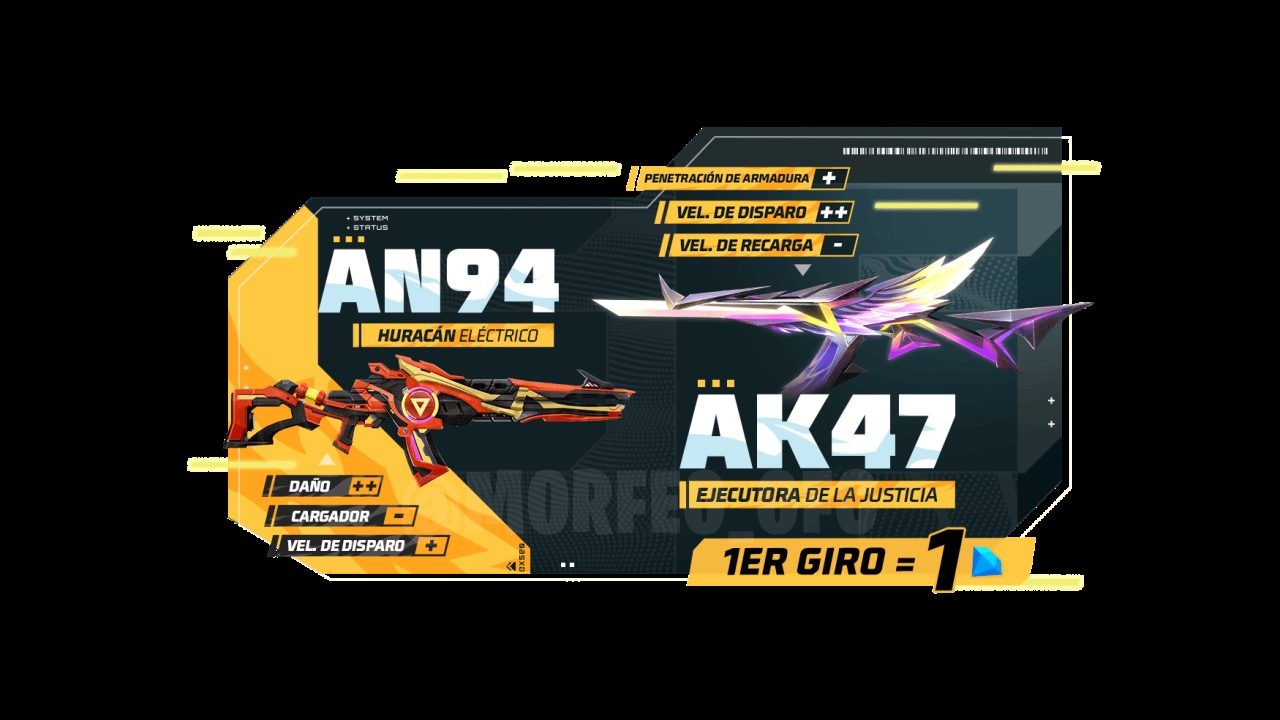 Imagem promocional da roleta de tokens em Free Fire, destacando duas skins de armas exclusivas: a AK47 Executora da Justiça