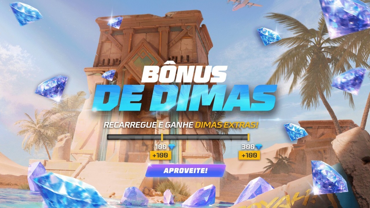 Imagem promocional de Free Fire destacando uma oferta de recarga de diamantes. No centro, há um ícone de diamante brilhante
