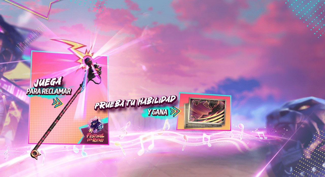 Imagem promocional do evento 'Hoz Electrizante' em Free Fire. O fundo vibrante exibe um festival de ritmo com cores elétrica