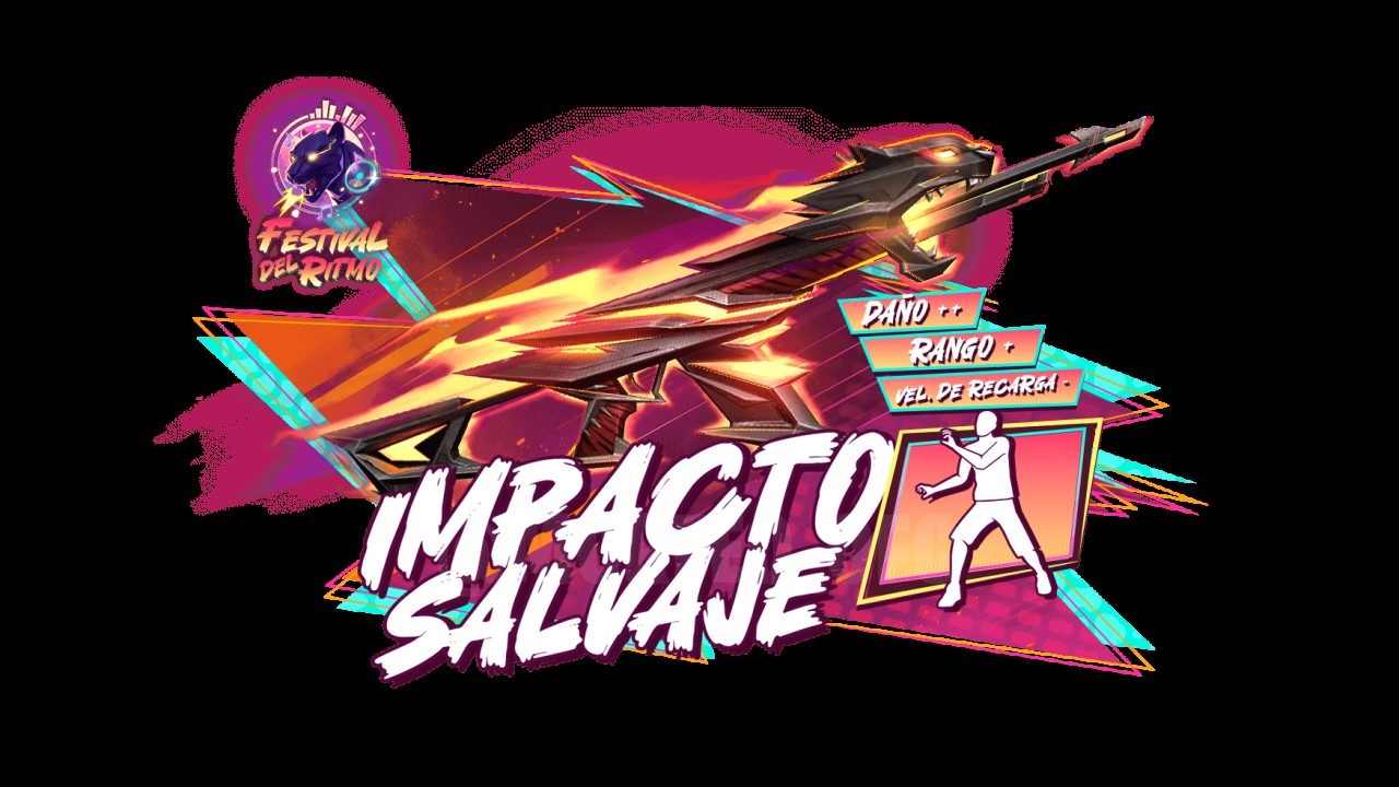 Imagem promocional da nova roleta de tokens em Free Fire. No centro, destaca-se a skin de arma M14 Impacto Selvagem, com um d