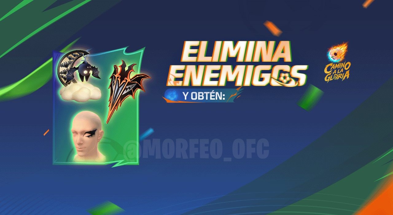 A imagem destaca o evento Elimina y Gana no Free Fire, com foco na obtenção da skin de arma Charge Buster Darkwing Dazzle.