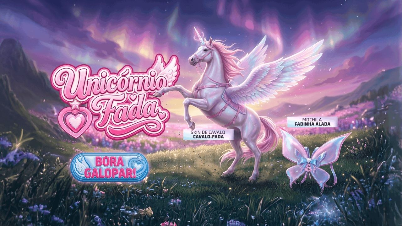 A imagem destaca o novo evento Bazar do Drop no Free Fire, com foco nos itens exclusivos: cavalo unicórnio, personagem fada