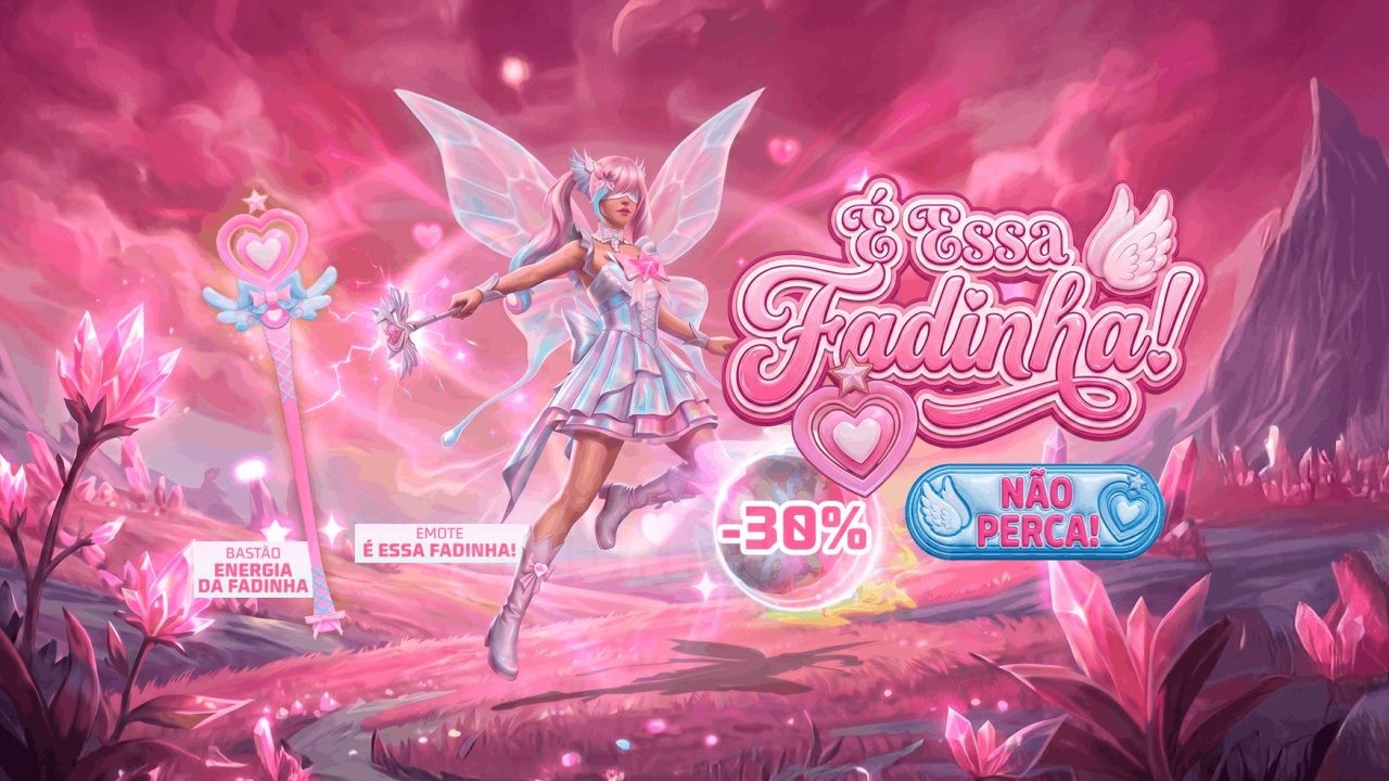 A imagem destaca o evento Bazar do Drop no Free Fire, com foco na fadinha e no bastão de energia da fadinha. A personagem ap
