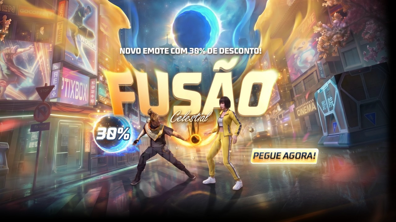 Imagem promocional do novo evento Bazar do Drop no Free Fire. Destaque para os itens Fusão Celestial, com visual brilhante e