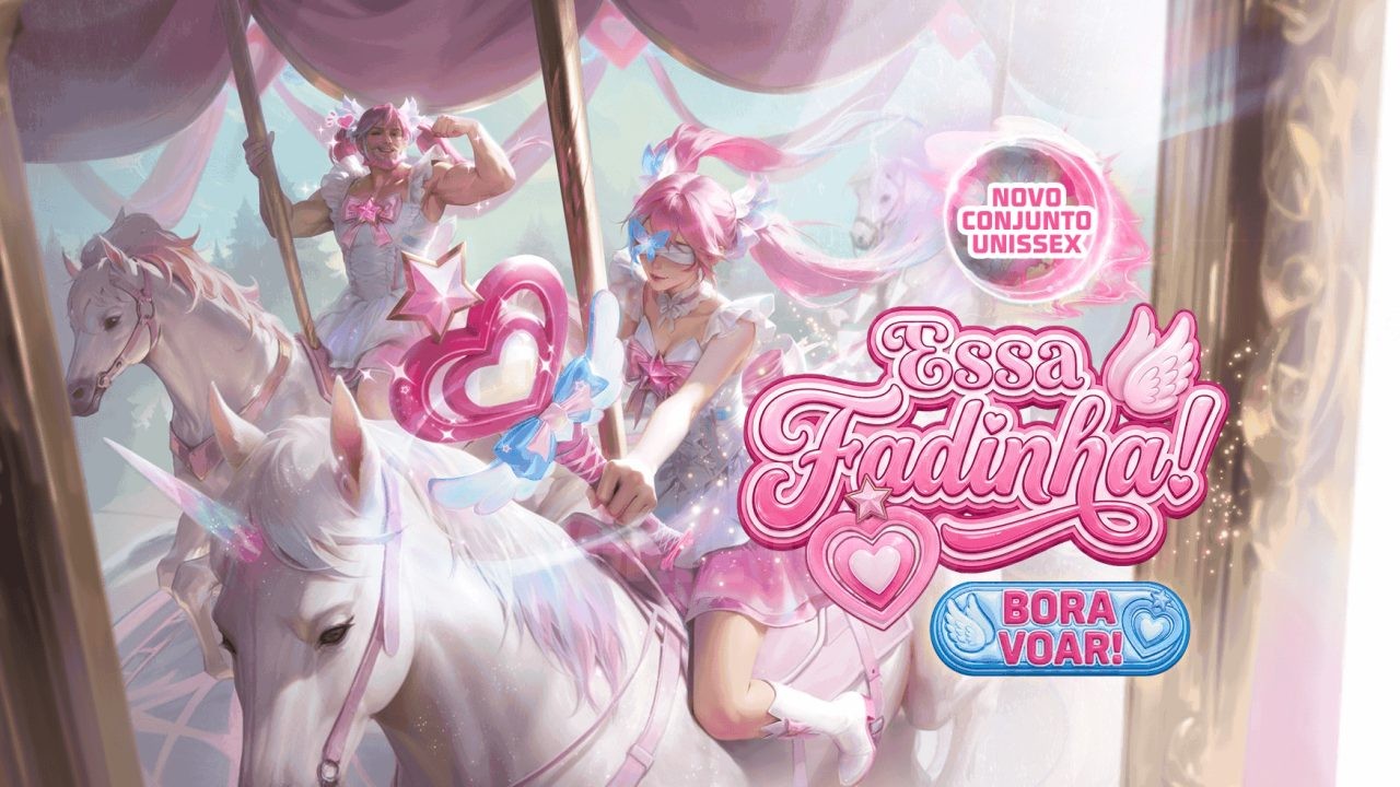 Imagem promocional do novo evento no Free Fire que transforma cartas em recompensas. Destaque para o conjunto 'Essa Fadinha',