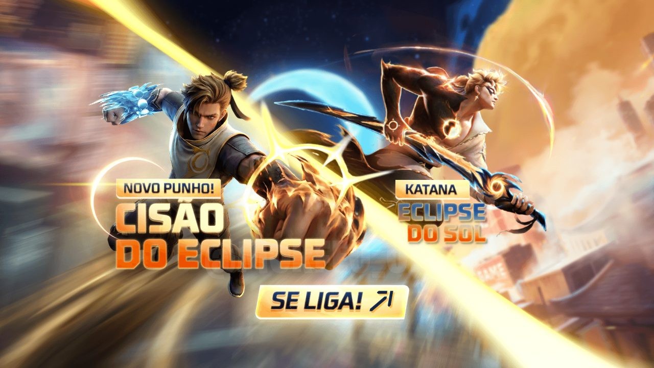 Arte promocional do novo evento de Free Fire com tema de eclipse. Destaca as armas Punho Cisão do Eclipse e Katana Eclipse d