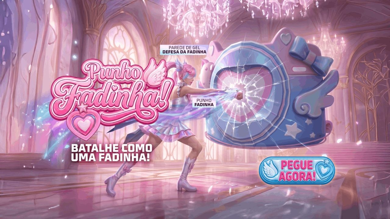 Imagem vibrante do Free Fire destacando o evento 'Vira Carta'. Mostra o Punho Fadinha, um punho mágico com efeitos brilhante