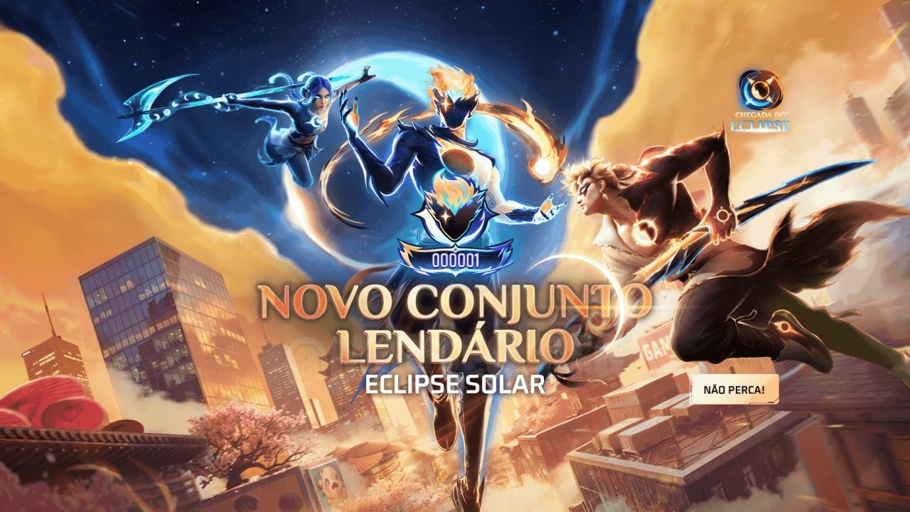 A imagem destaca o evento Virada Suprema no Free Fire, exibindo os conjuntos Eclipse Solar e Engenheiro do Mal. Personagens a