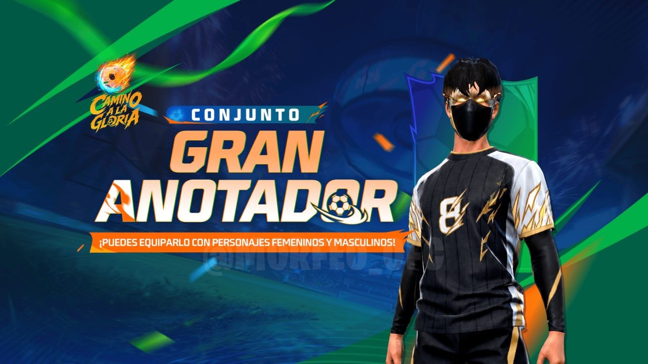 A imagem exibe a nova roleta de tokens do Free Fire, com foco no conjunto Gran Anotador e no token El Elegido. No centro, apa