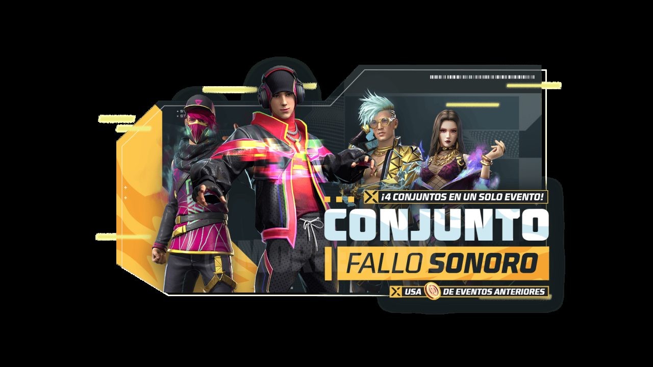 A imagem exibe a nova roleta de tokens do Free Fire, com destaque para os pacotes Falha Sonora e Neblina Oculta. A interface