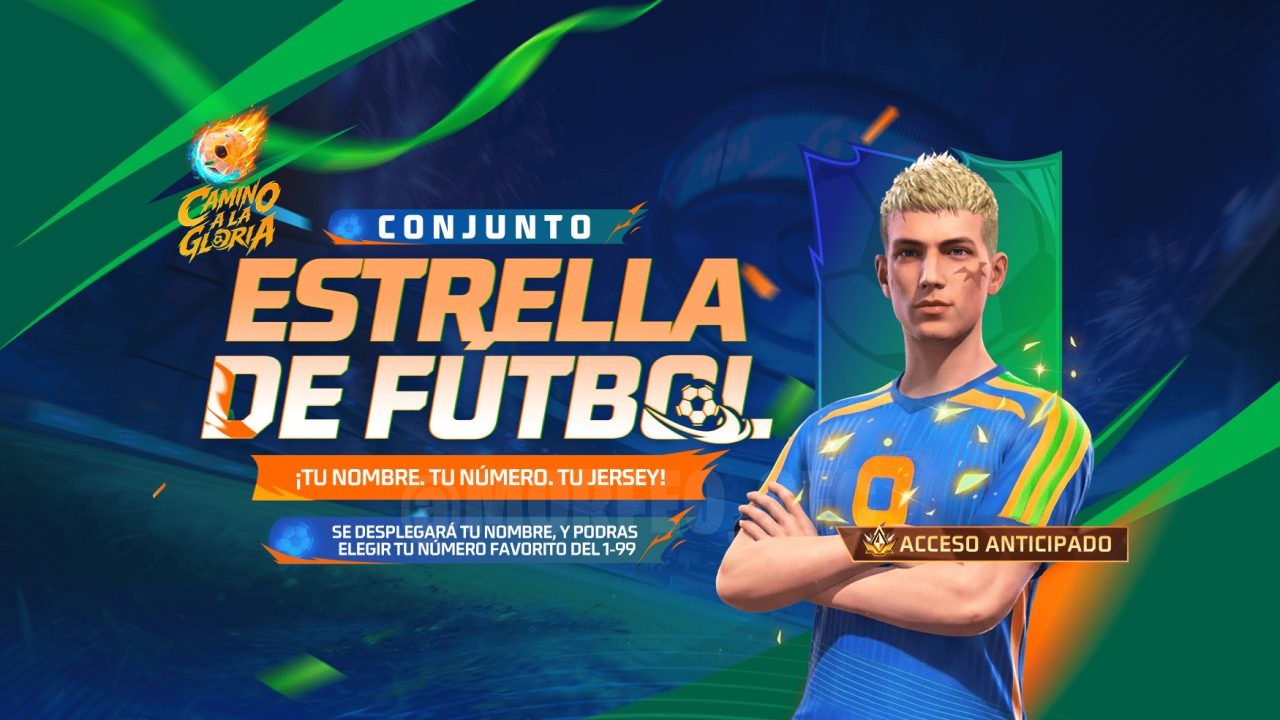 A imagem promove o evento New Ring no Free Fire, focando no bundle Football Star e no emote Multitasking. Personagens aparece