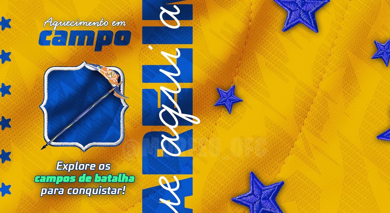 A imagem destaca o novo evento Aquecimento em Campo do Free Fire, com foco na skin de arma Foice Estrela do Futebol. O visual