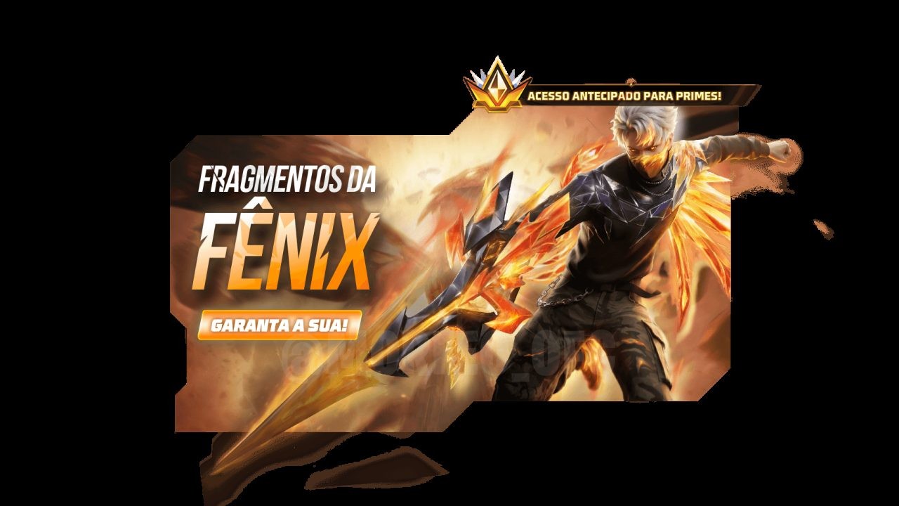 A imagem promocional do novo evento Bazar do Drop no Free Fire destaca a AUG Fragmentos da Fênix, com visual flamejante em t