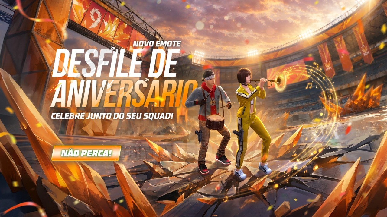 Imagem promocional do novo evento Bazar do Drop no Free Fire. Destaque para o Desfile de Aniversário e a Foice Poder Fragmen