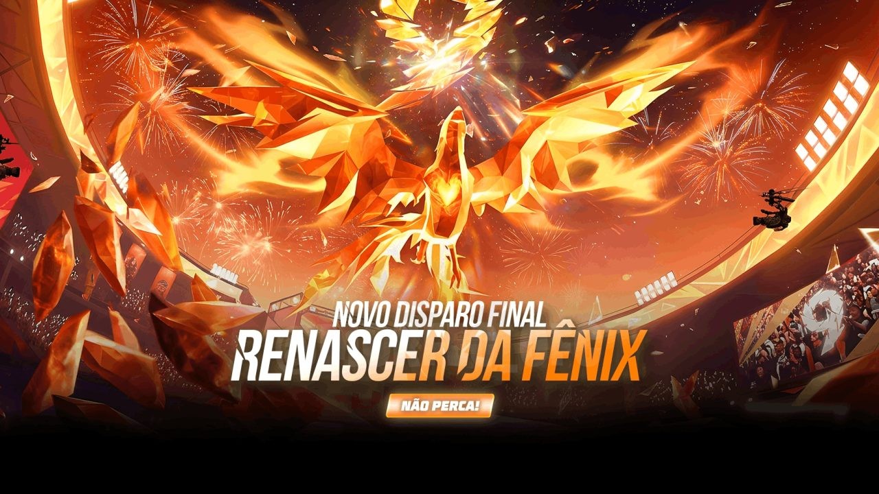 A imagem promocional do evento Bazar do Drop no Free Fire destaca os prêmios exclusivos: Disparo Final, Renascer da Fênix e