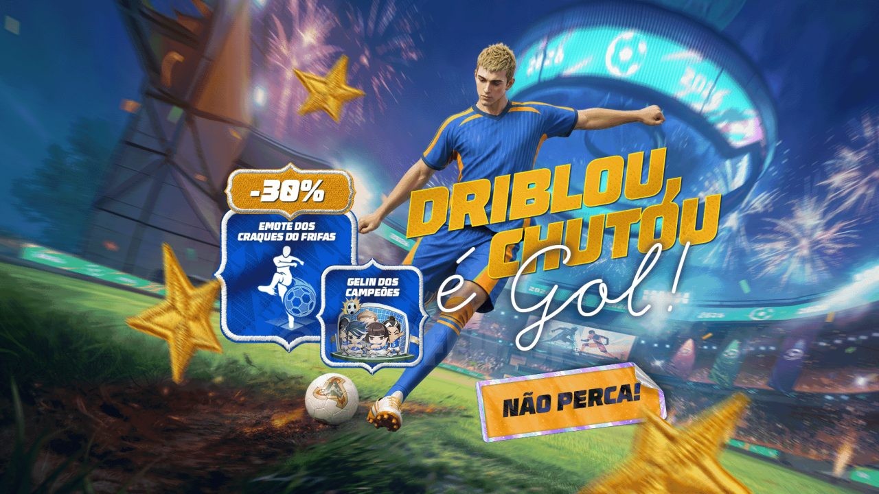 A imagem destaca o novo evento Bazar do Drop no Free Fire, com foco nos itens temáticos de futebol. Mostra o emote "Driblou,