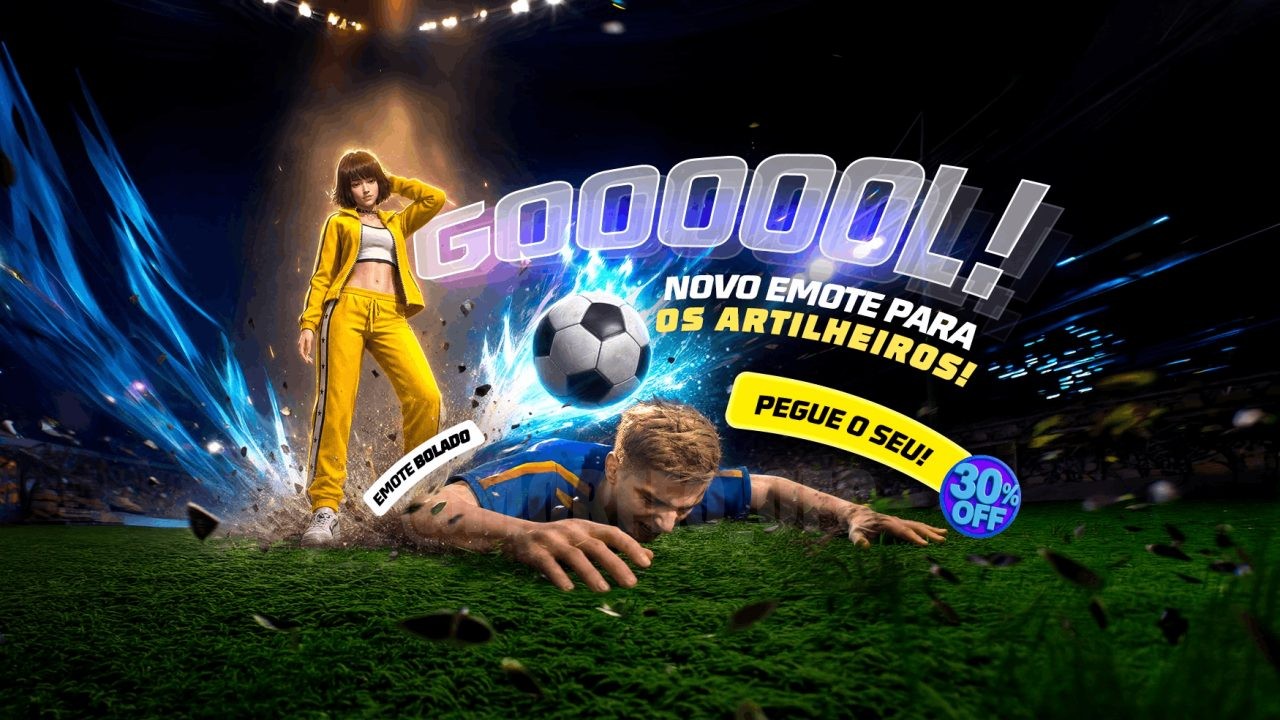 A imagem promove o novo evento Bazar do Drop no Free Fire, com tema de futebol. Destaca os itens Goooool e a Parede de Gel Ca
