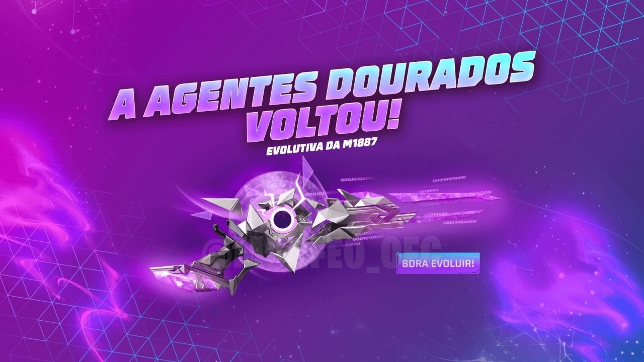 A imagem promove o novo evento Bazar do Drop no Free Fire, exibindo as recompensas exclusivas M1887 Agentes Dourados e Katana