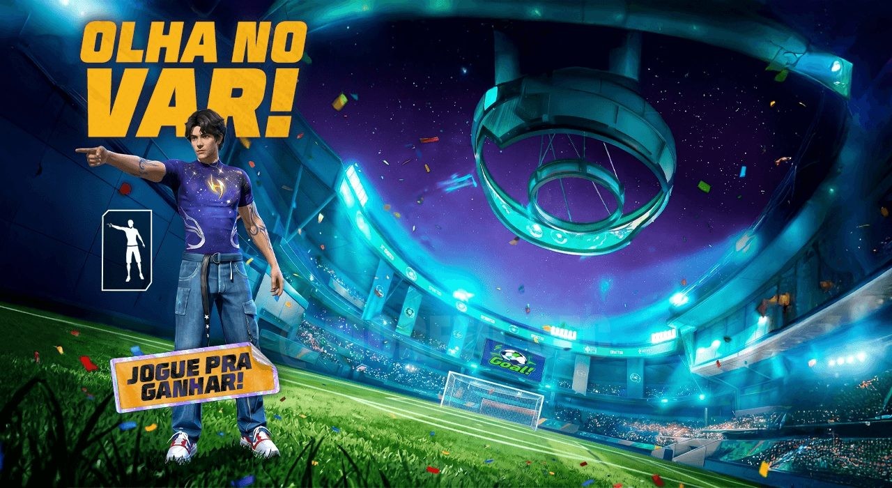 Imagem promocional vibrante do evento 'Chama o VAR Professor' no Free Fire. Destaca o professor com apito e óculos, jogadore