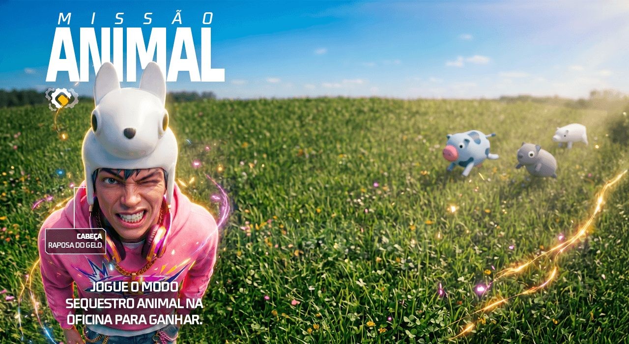 A imagem destaca o evento Missão Animal no Free Fire, focado na Batalha Selvagem. Mostra a skin AC80 com tema animal, em ton