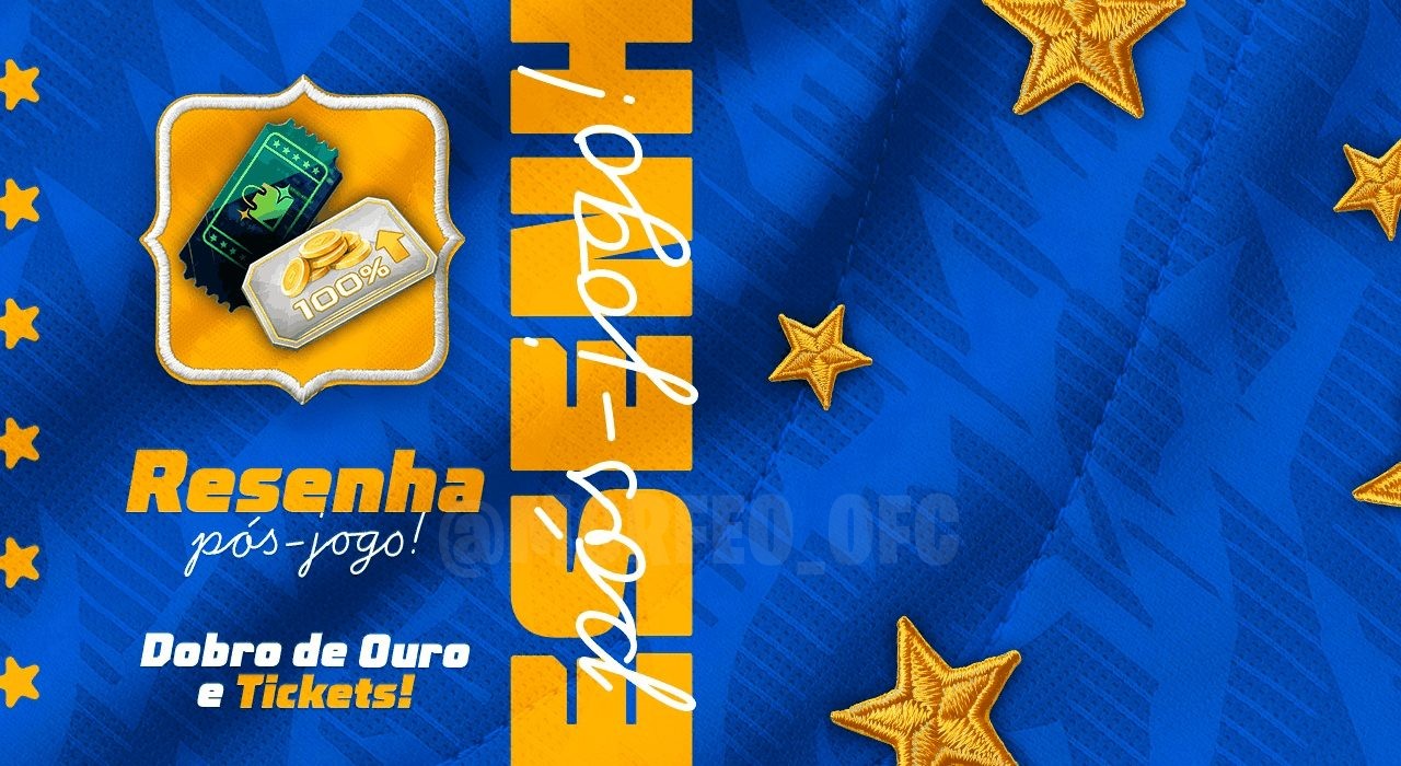 Imagem promocional do evento Resenha Pós-Jogo no Free Fire. Destaca a mecânica de obtenção do Ticket Vira Carta, com pers