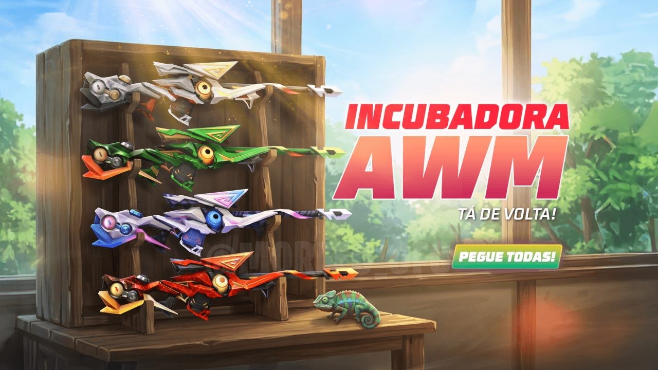 A imagem destaca o novo evento 'Vira Carta' do Free Fire, com foco na obtenção das skins AWM Charmano e AWM Sylmano. Mostra
