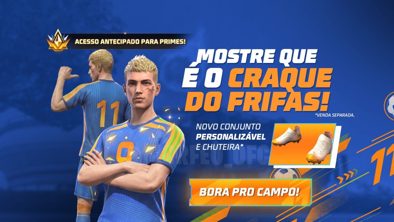 Imagem promocional vibrante do novo evento do Free Fire, exibindo o conjunto 'Craque do Futebol' com uniforme esportivo detal
