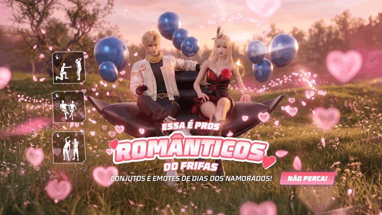 A imagem destaca o novo evento Vira Carta no Free Fire, exibindo os conjuntos Príncipe Dourado e Rosa Escarlate. Personagens