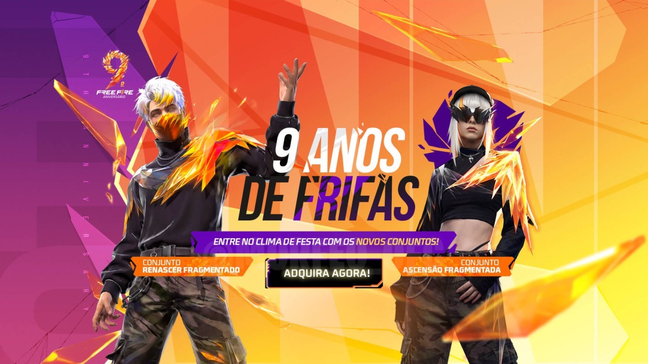 A imagem promocional destaca o novo evento Vira Carta no Free Fire, com foco nos conjuntos Renascer Fragmentado e Ascensão F