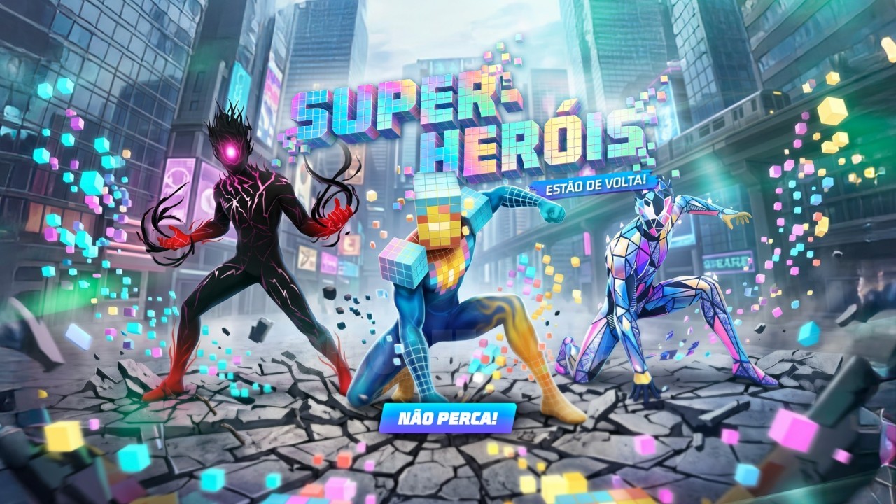 A imagem promocional destaca o novo evento 'Vira Carta' do Free Fire. No centro, aparecem dois personagens usando os conjunto