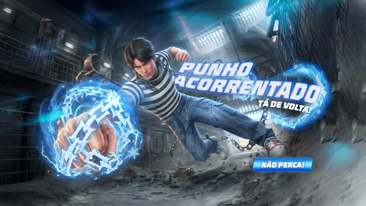 A imagem destaca o novo evento 'Vira Carta' no Free Fire, com visual vibrante e tema de tempestade. No centro, aparecem o Pun