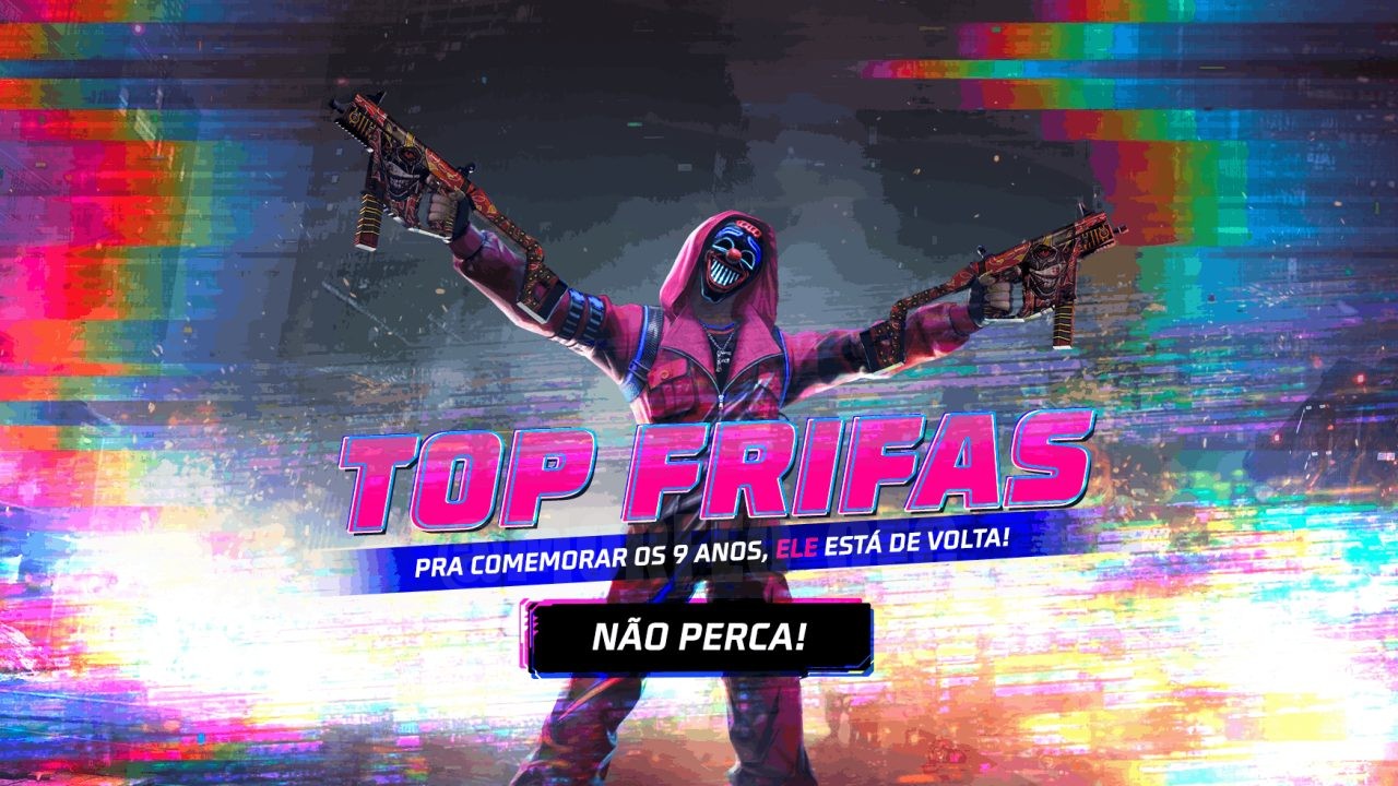 Imagem promocional vibrante do evento Virada Suprema no Free Fire, exibindo o conjunto Maestro Dourado com armadura reluzente