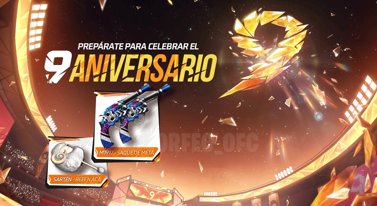 Imagem promocional do novo evento de aniversário do Free Fire. Destaca a skin exclusiva da arma M1917 com visual moderno e d