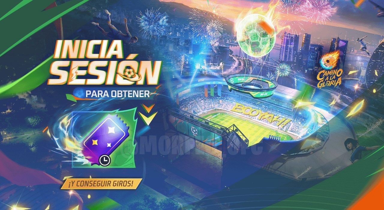 A imagem promove um novo evento do Free Fire focado em giros grátis. Destaca o Ticket da Sorte em destaque, com visual vibra