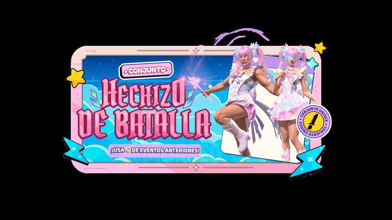 A imagem exibe a nova roleta de tokens do Free Fire, com foco no conjunto Hechizo de Batalha e no emote Hora de Brilhar. O vi