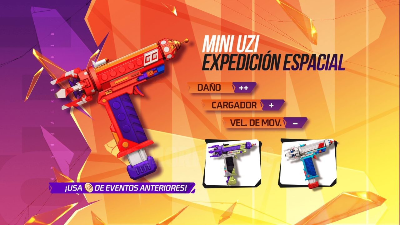 A imagem mostra a nova roleta de tokens do Free Fire, com destaque para as skins de arma Mini Uzi Expedição Espacial e Mini