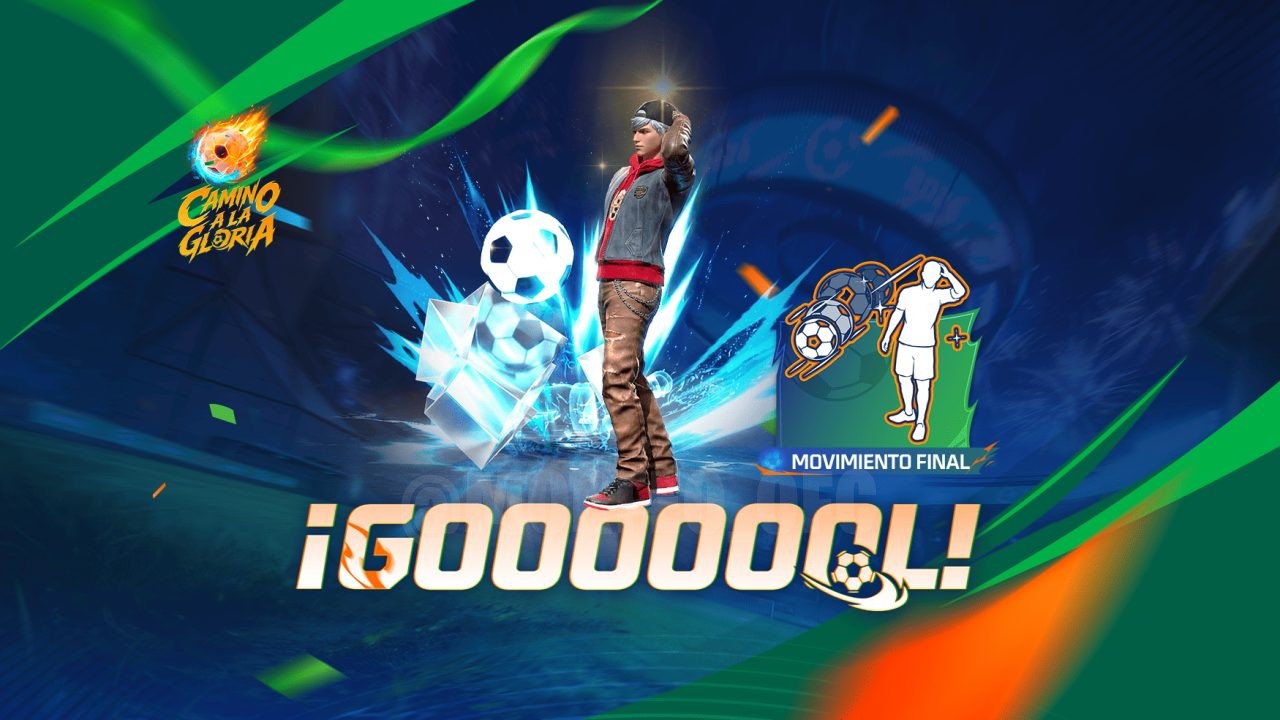 A imagem destaca a nova Roleta Mágica do Free Fire com tema de futebol. No centro, aparece o item 'Gooooool' em destaque, ac